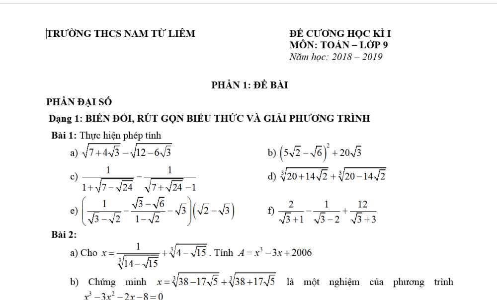 Toán 9: Đề cương Ôn tập giữa học kỳ 1. Trường THCS Nam Từ Liêm năm học 2018-2019